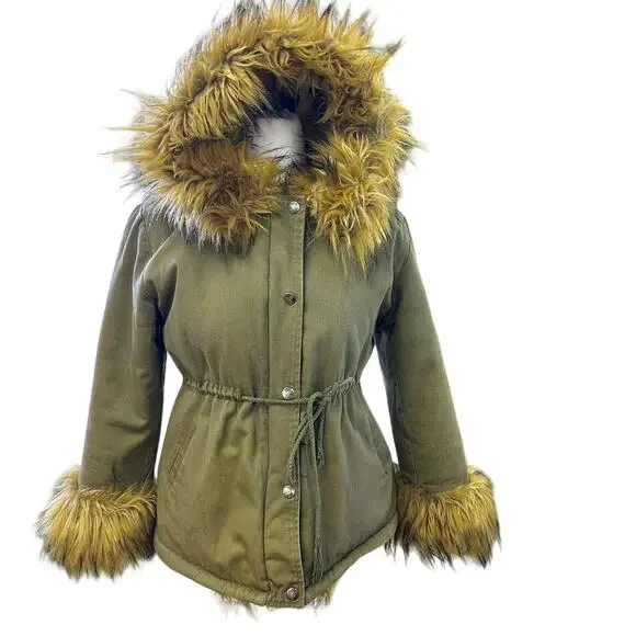 Vintage Olive Green Faux Fur Parka Coat Y2K Boho Festival Jacket Street Style - Picture 3 of 12